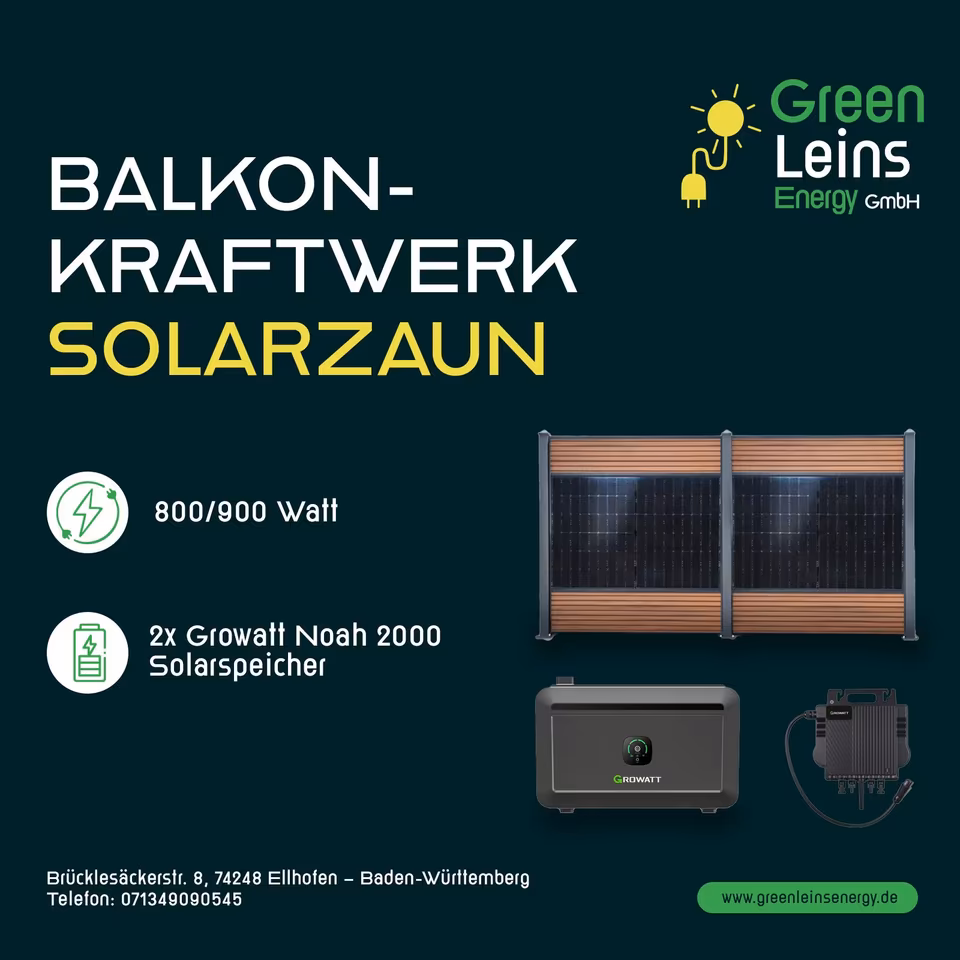 Balkonkraftwerk Solarzaun 800/900 Watt mit 2x Growatt Noah 2000 4096 Watt Solarspeicher