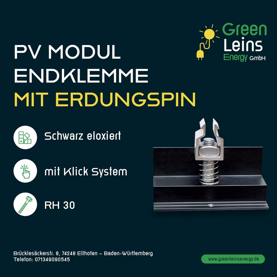 PV Modul Endklemme schwarz eloxiert mit Klick-System und Erdungspin
